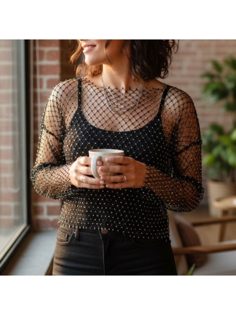 Bear Dance Chainmail Rhinestone Top Sz M Black Long Sleeve Stretch Party Rave